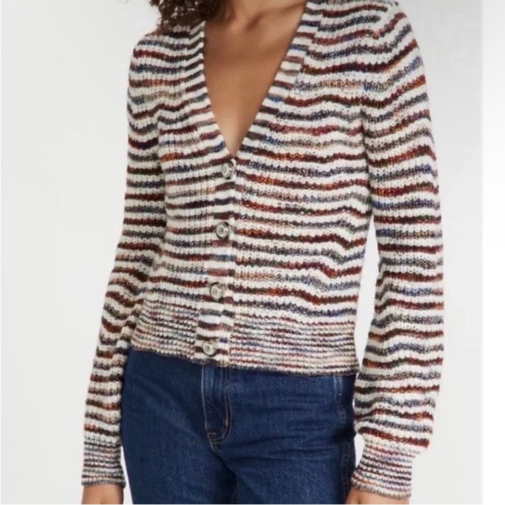 Veronica Beard Dolra Multi Colored Stripe V-Neck Crop Cardigan Sweater Size S
